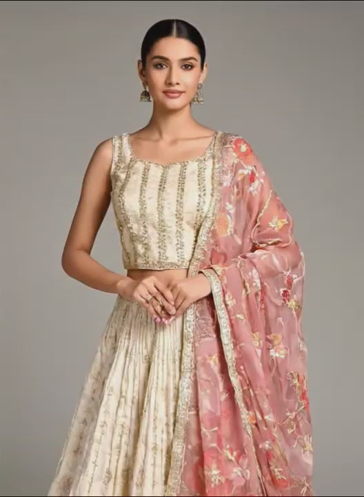 Load video: Off White Benarasi Silk Lehenga with Corset Blouse