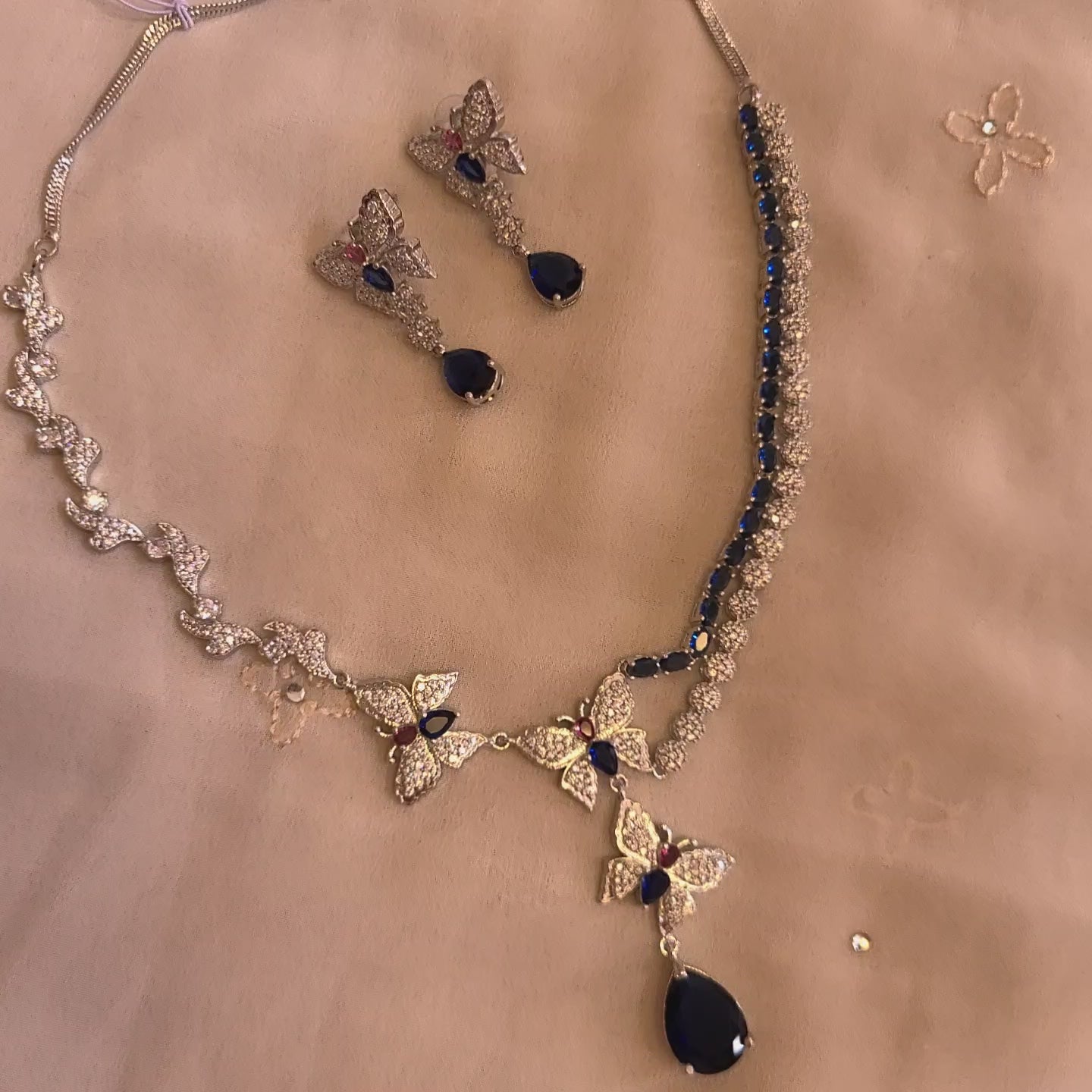 Load video: Royal Blue Butterfly AD Stone Necklace Set