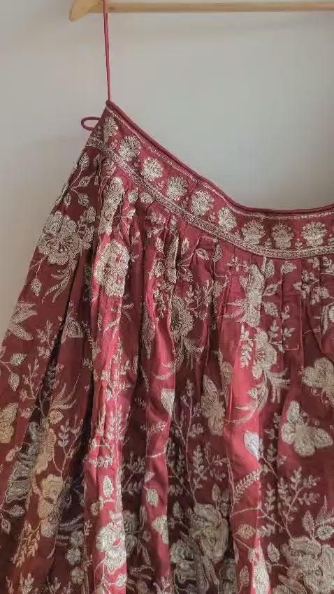 Load video: Deep Maroon Silk Thread Embroidered Lehenga Choli