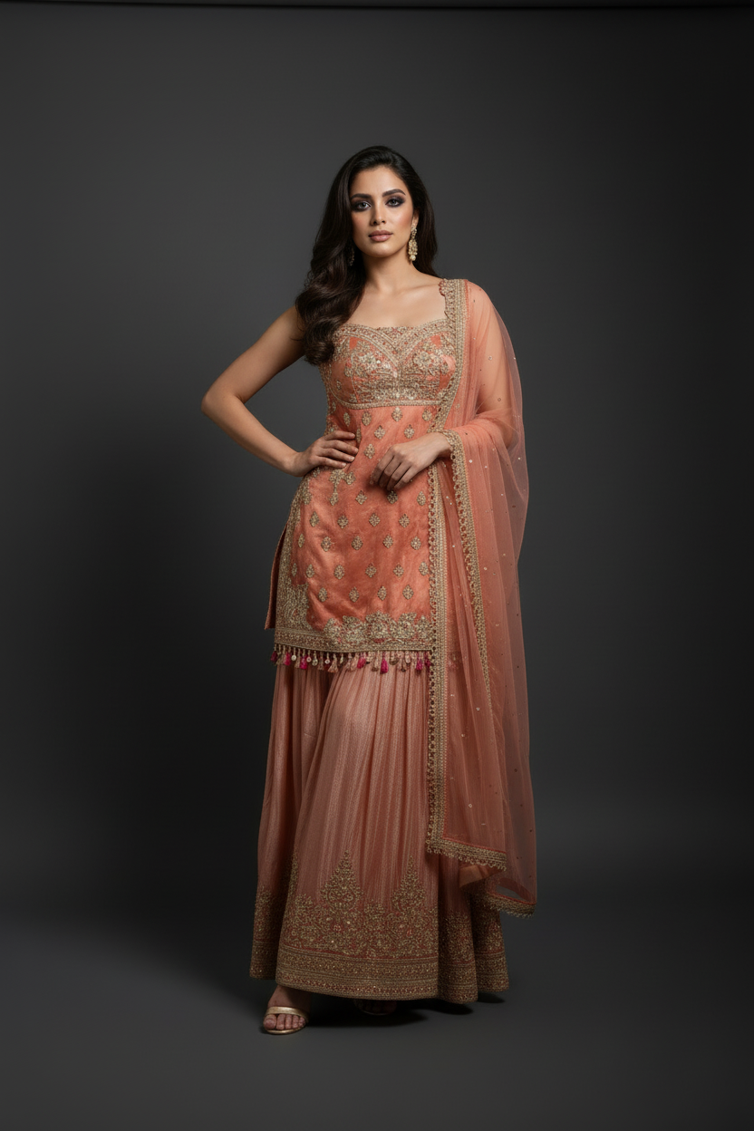 Professional photoshoot of model in peach sharara outfit - alternate pose