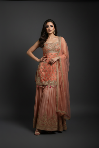 Professional photoshoot of model in peach sharara outfit - alternate pose