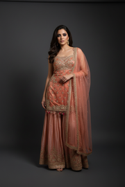 Professional photoshoot of model in peach sharara outfit