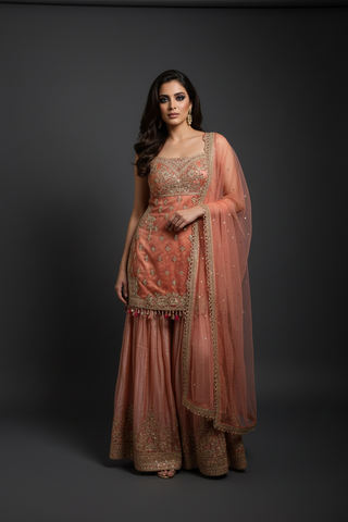 Professional photoshoot of model in peach sharara outfit