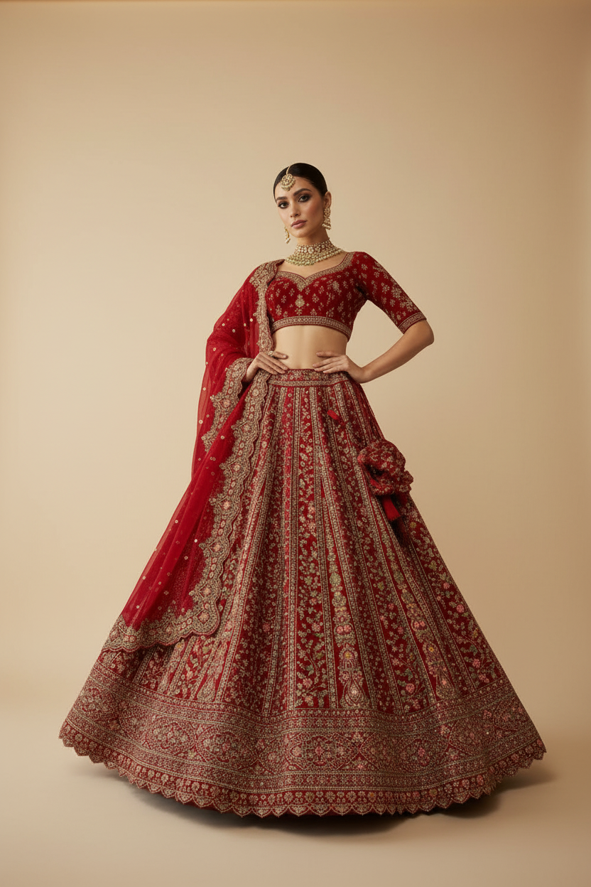 Red Bridal Lehenga - Front Facing Pose