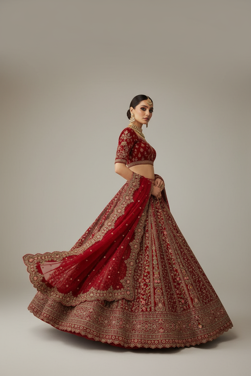 Red Bridal Lehenga - Side Profile Pose