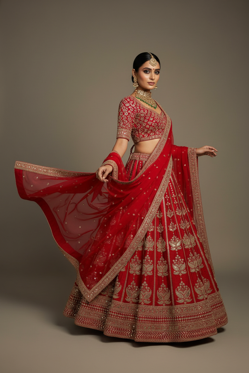 Red Lehenga Editorial Pose 2