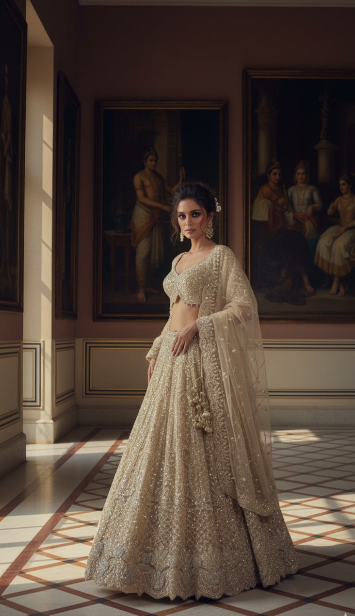 Champagne Gold Sequin Embroidered Bridal Lehenga Set