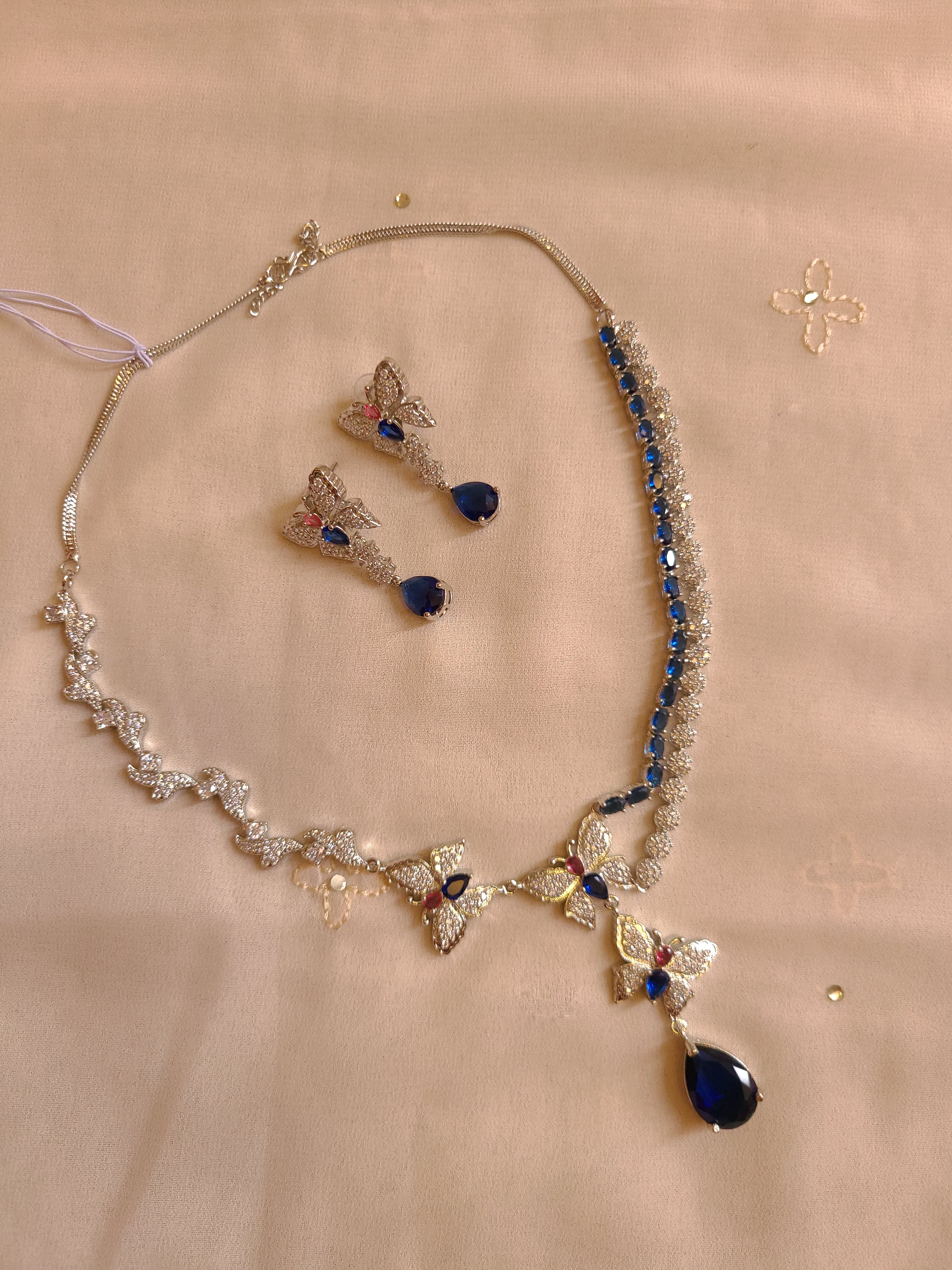 Royal Blue Butterfly AD Stone Necklace Set