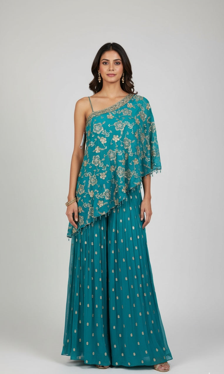 Turquoise Embroidered Cape Gown Set