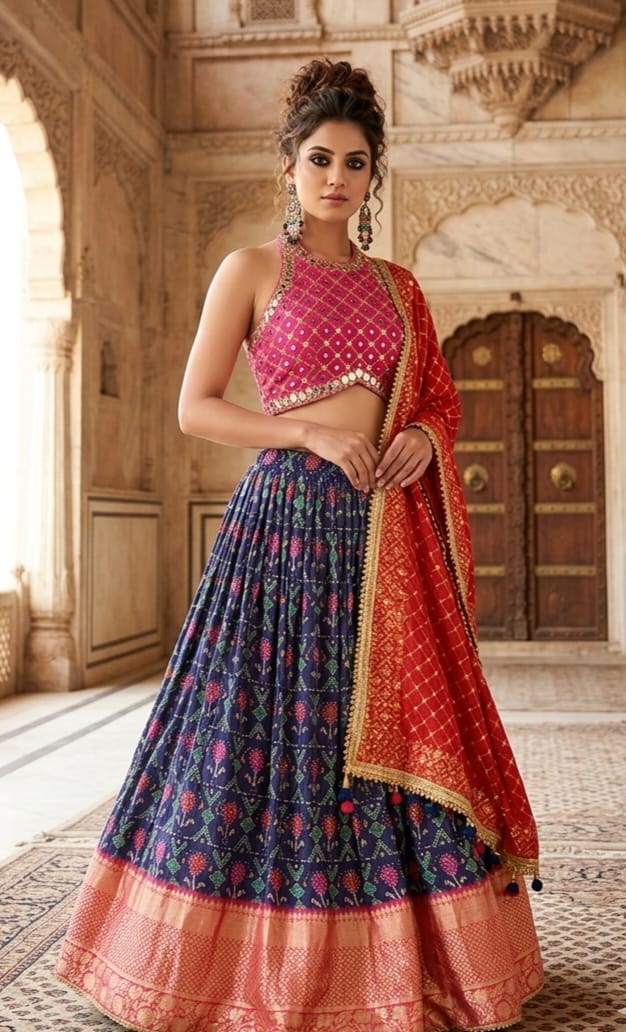 Navy Blue Floral Print Lehenga Set with Pink Halter Choli & Red Banarasi Dupatta