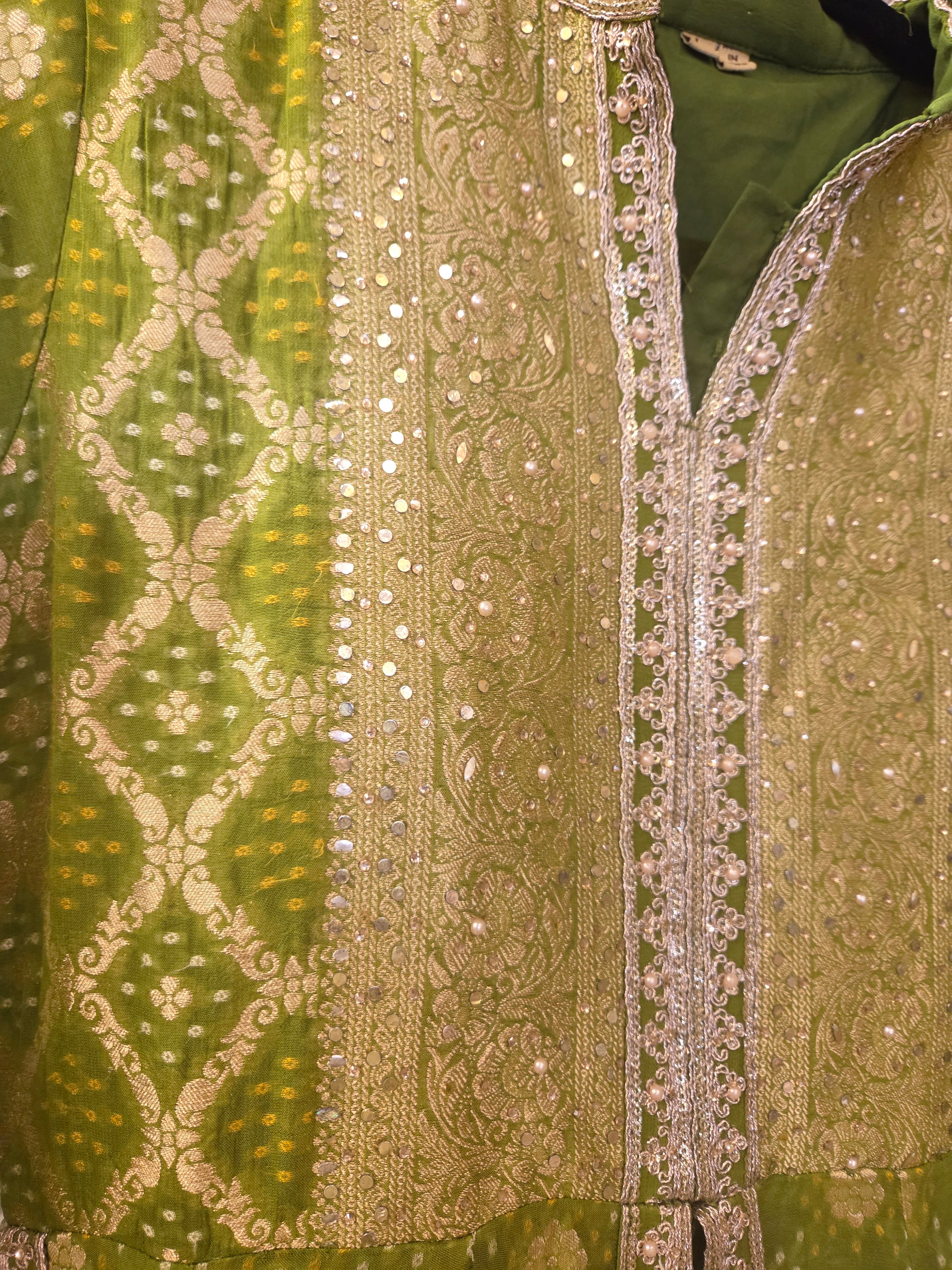 Olive Green Benarasi Bandhani Anarkali Jacket with Skirt