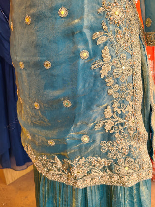 Turquoise Blue Embroidered Silk Sharara Suit Set