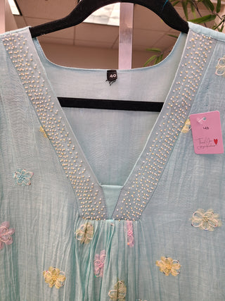 Aqua Blue Embroidered Kurta Set with Dupatta