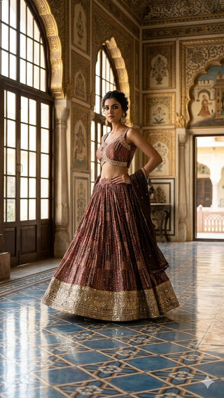 Brown Sequin Embroidered Lehenga with Gold Zari Border