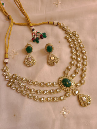Luxury Bridal Polki Necklace Set with Emerald Stones