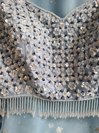 Pastel Sky Lehenga With Mirror Blooms