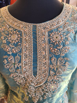 Turquoise Blue Embroidered Silk Sharara Suit Set