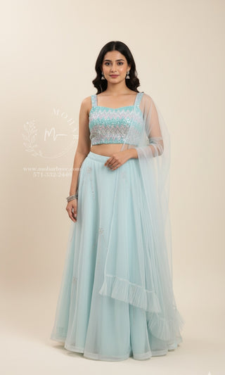 Powder Blue Net Crop Top Skirt