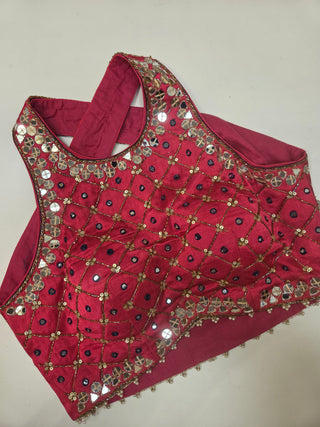 Navy Blue Floral Print Lehenga Set with Pink Halter Choli & Red Banarasi Dupatta