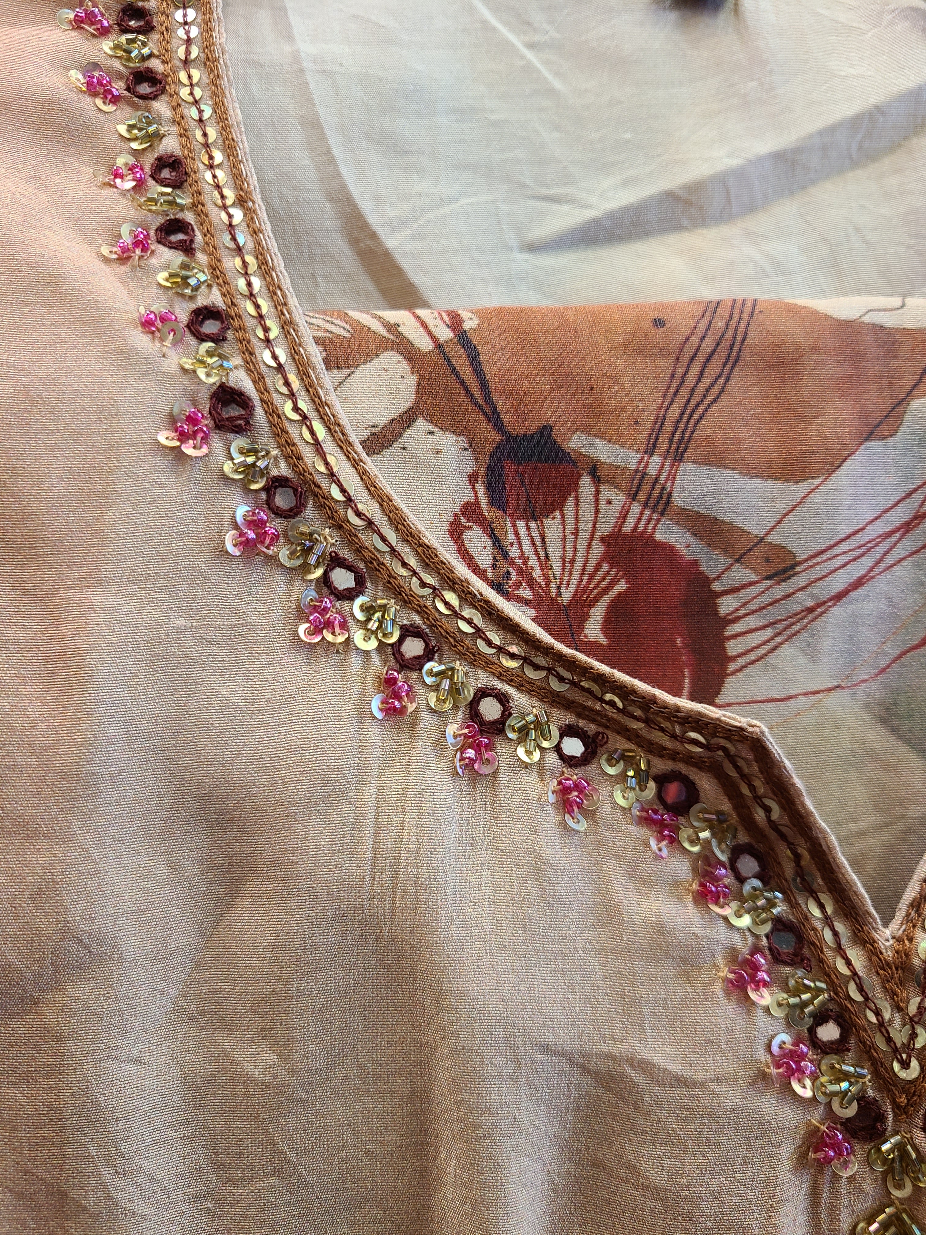 Cream Floral Print Salwar Suit with Organza Dupatta