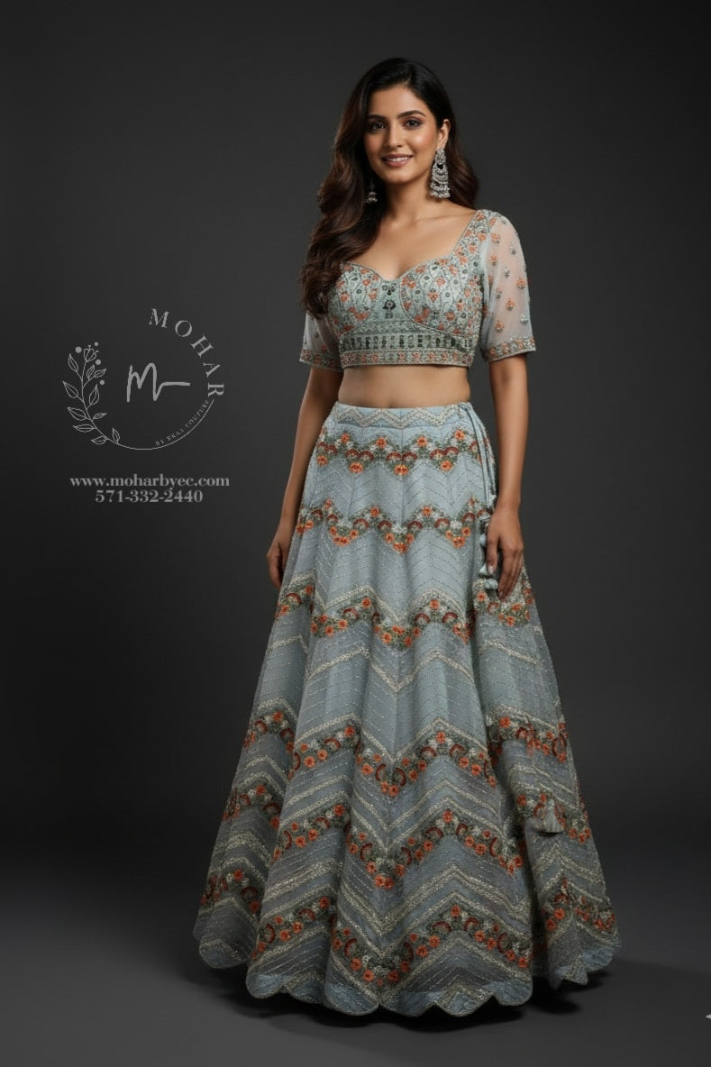 Sage Green Floral Embroidered Lehenga Choli Set