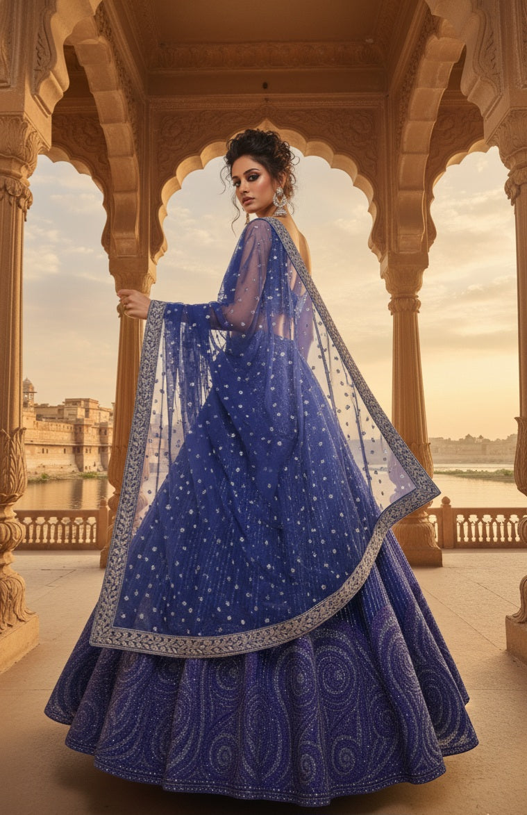 Ink blue wave reception lehenga