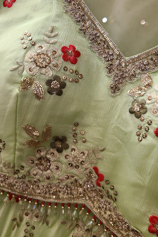 Mint Green Floral Embroidered Bridal Lehenga Set
