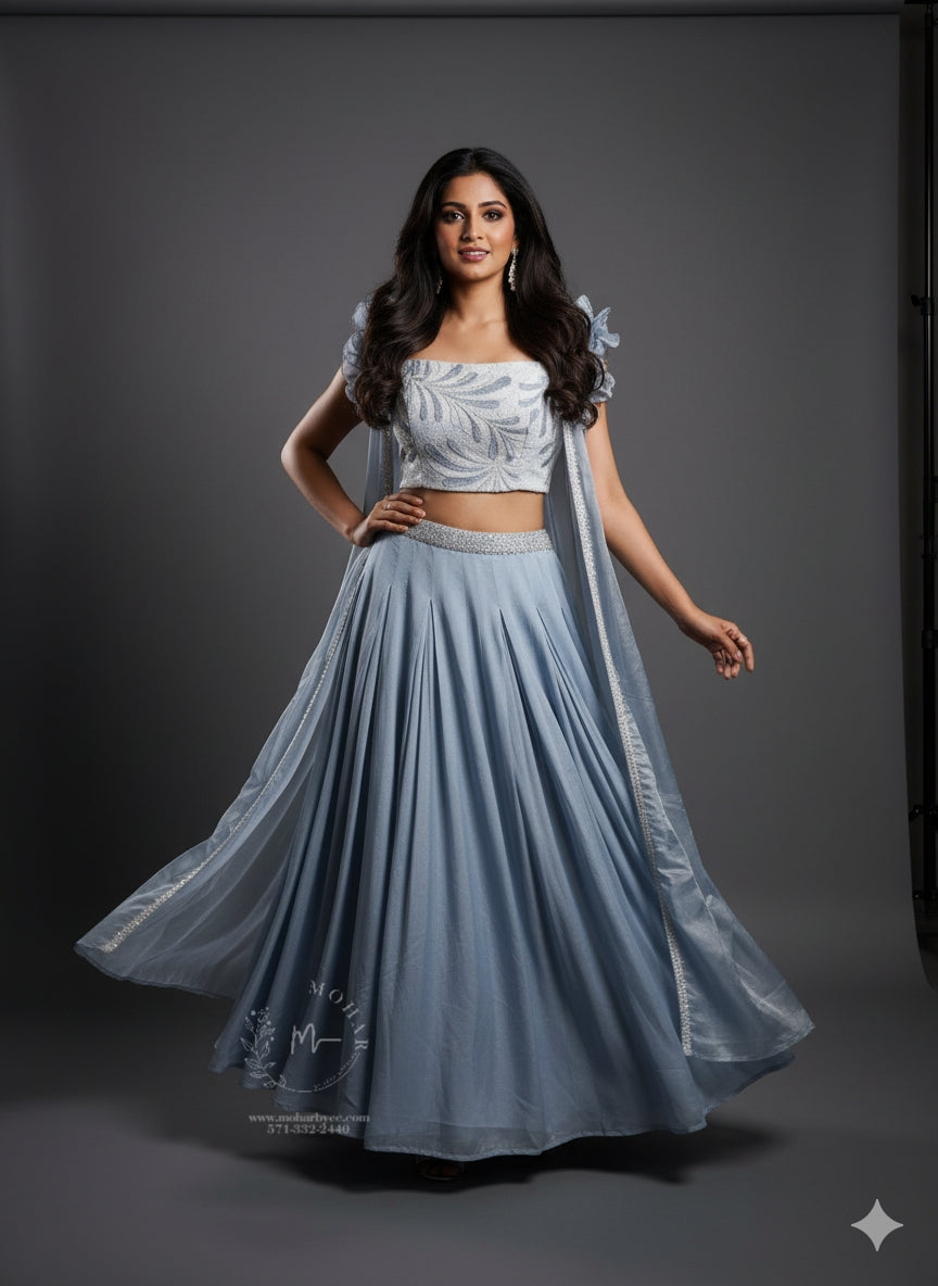 Powder Blue Sharara Set with Bow Sleeves - Indo Western