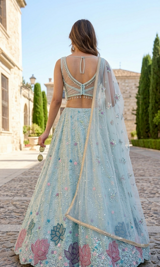 Powder Blue Lotus Lehenga Set