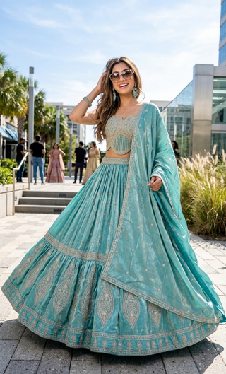 Aqua Tiered Zardozi Lehenga Set