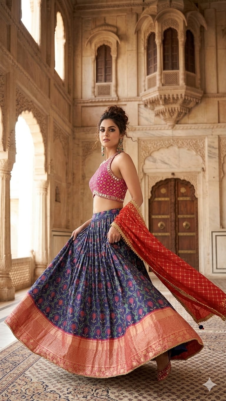 Navy Blue Floral Print Lehenga Set with Pink Halter Choli & Red Banarasi Dupatta