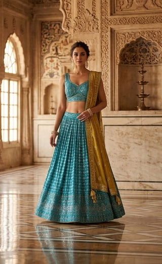 Teal Blue Lucknowi Chikankari Lehenga Set with Mustard Dupatta