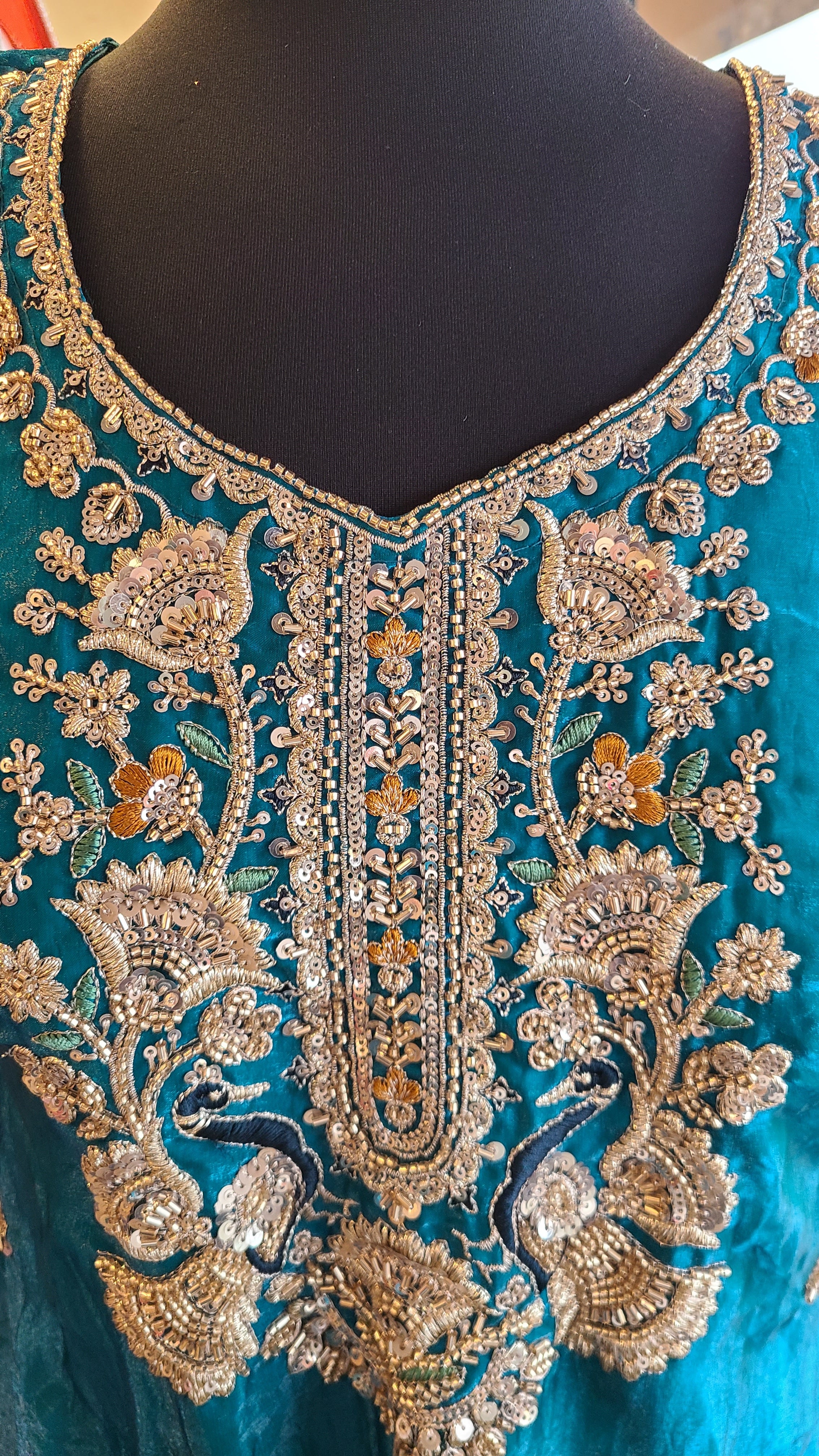 Teal Blue Embroidered Silk Sharara Suit