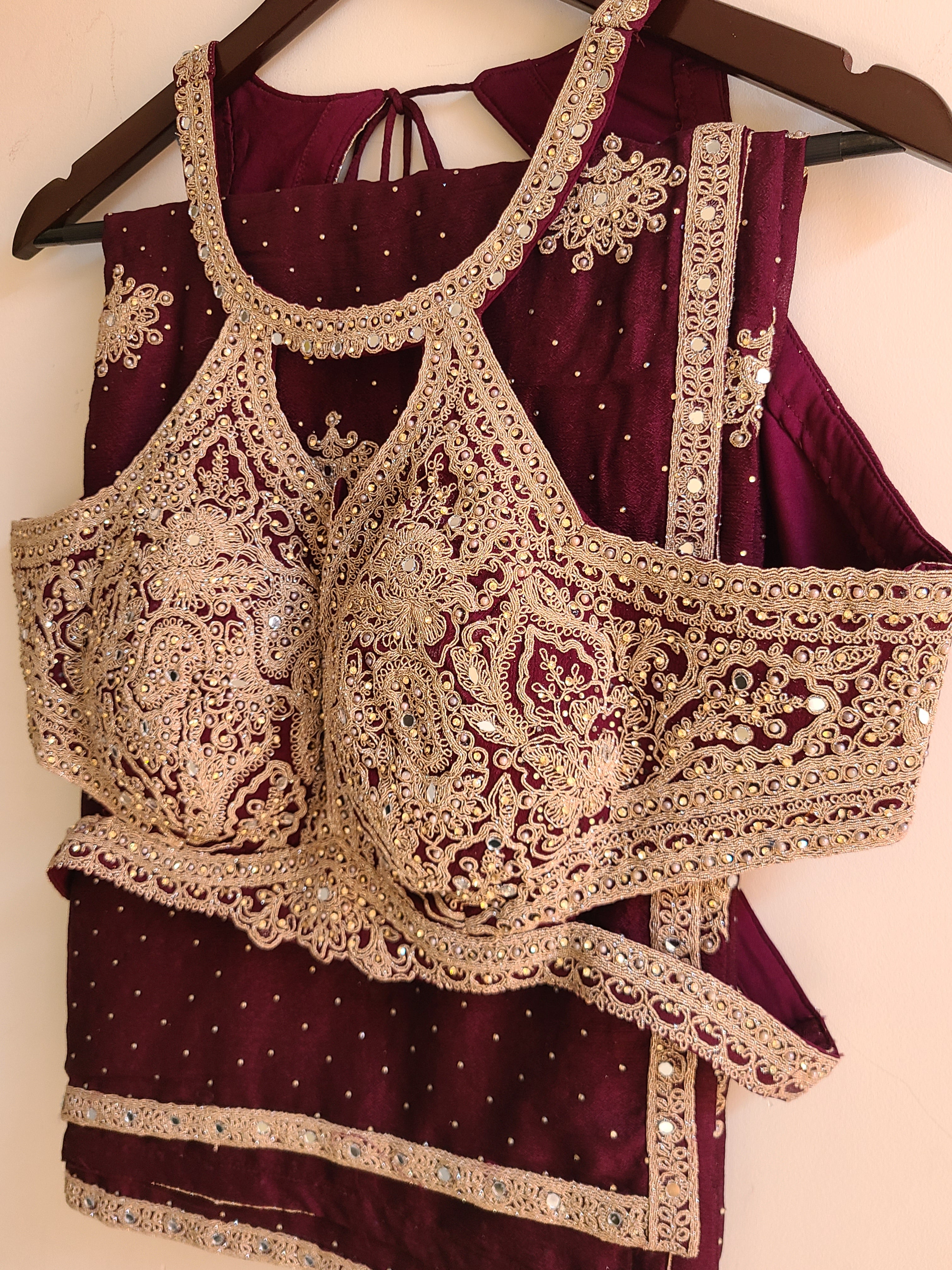 Halter neck maroon lehenga