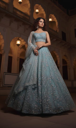 Powder Blue Lehenga with Spaghetti Blouse