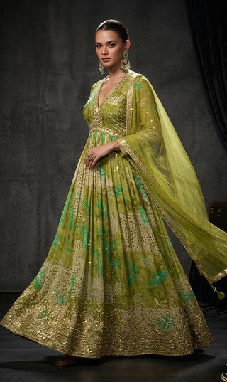 Lime Green Floral Print Embroidered Anarkali Set with Dupatta