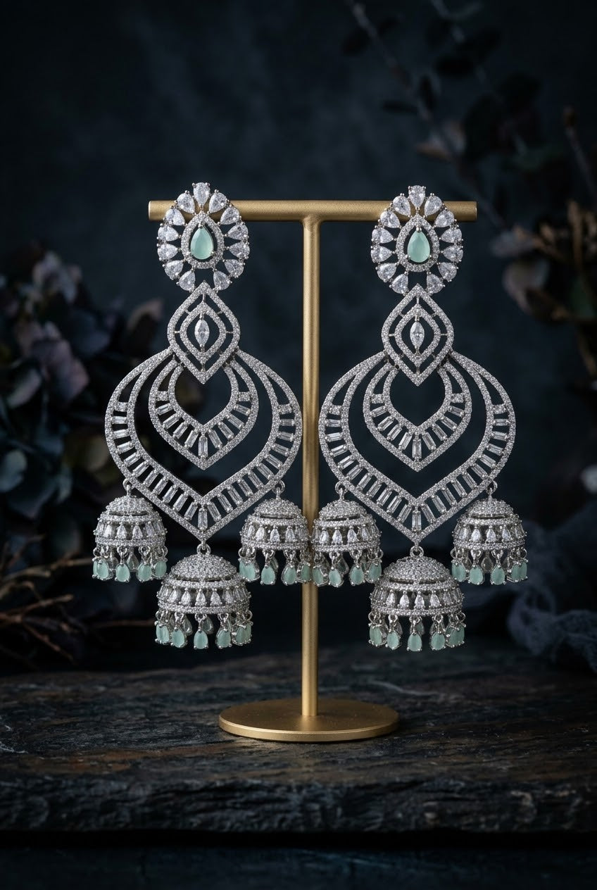 Mint Crystal Chandelier Jhumka Earrings
