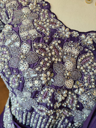 Deep Purple Embroidered Satin Pre-Stitched Saree