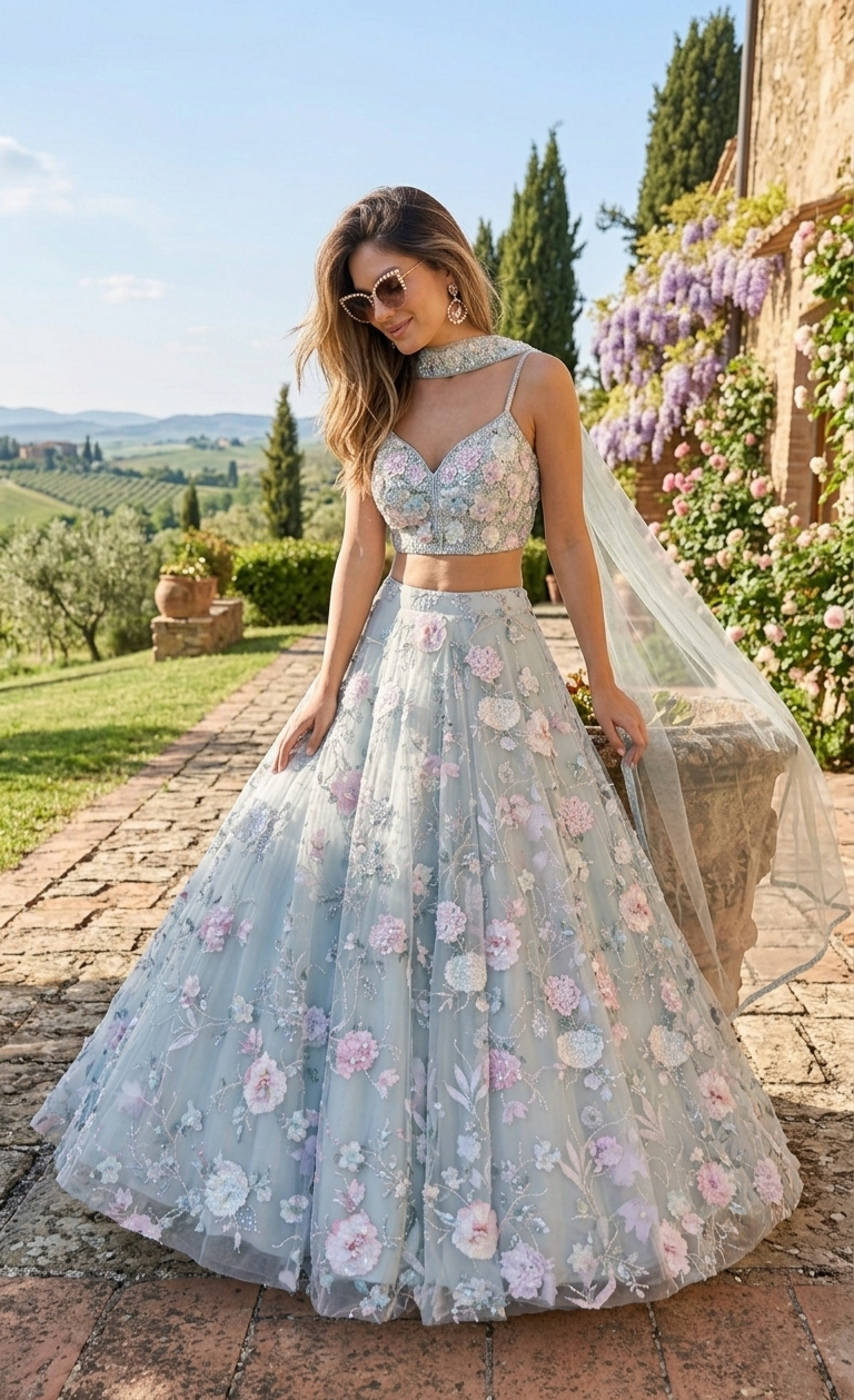 Powder Blue Floral Lehenga Set
