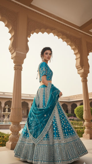 Turquoise Blue Bridal Lehenga with Silver Embroidery