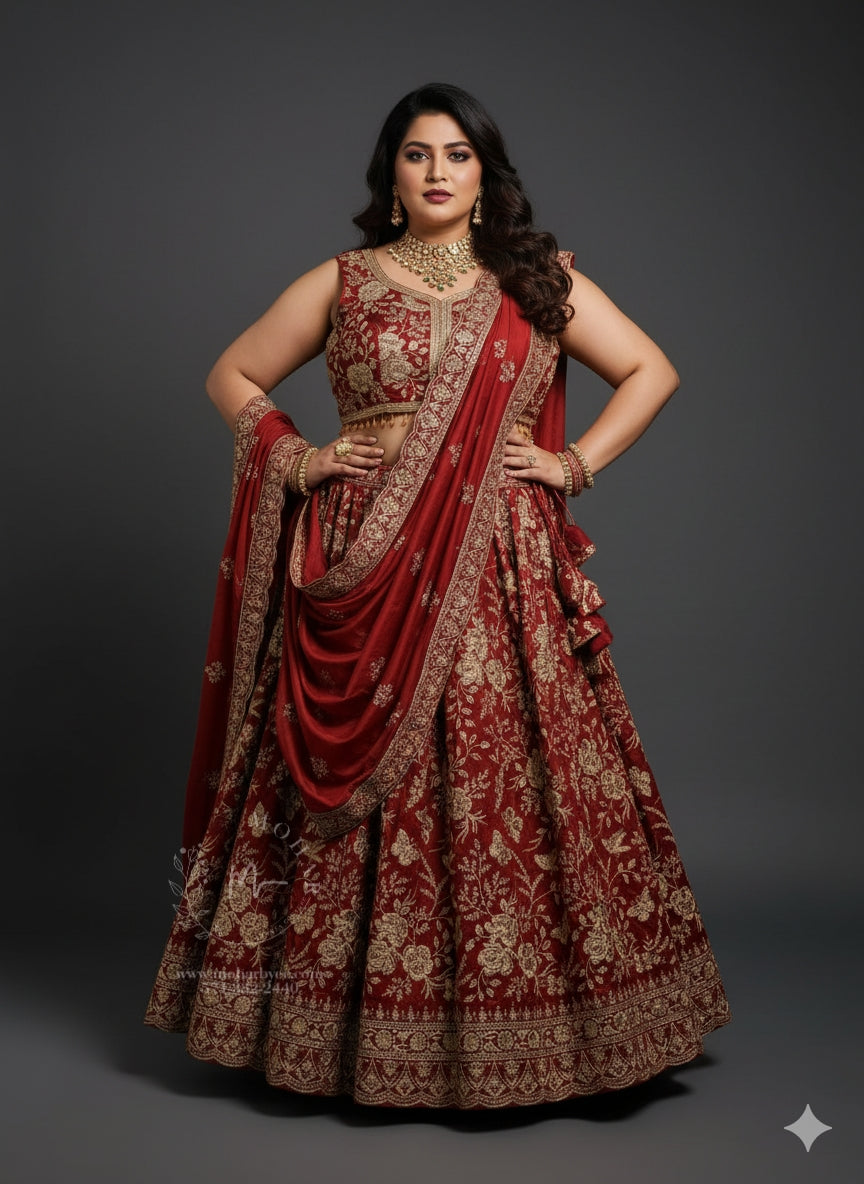 Deep Maroon Silk Thread Embroidered Lehenga Choli