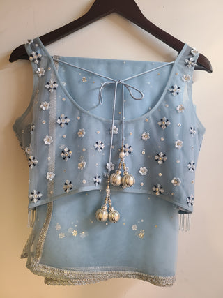 Pastel Sky Lehenga With Mirror Blooms