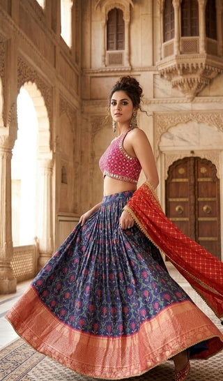 Navy Blue Floral Print Lehenga Set with Pink Halter Choli & Red Banarasi Dupatta
