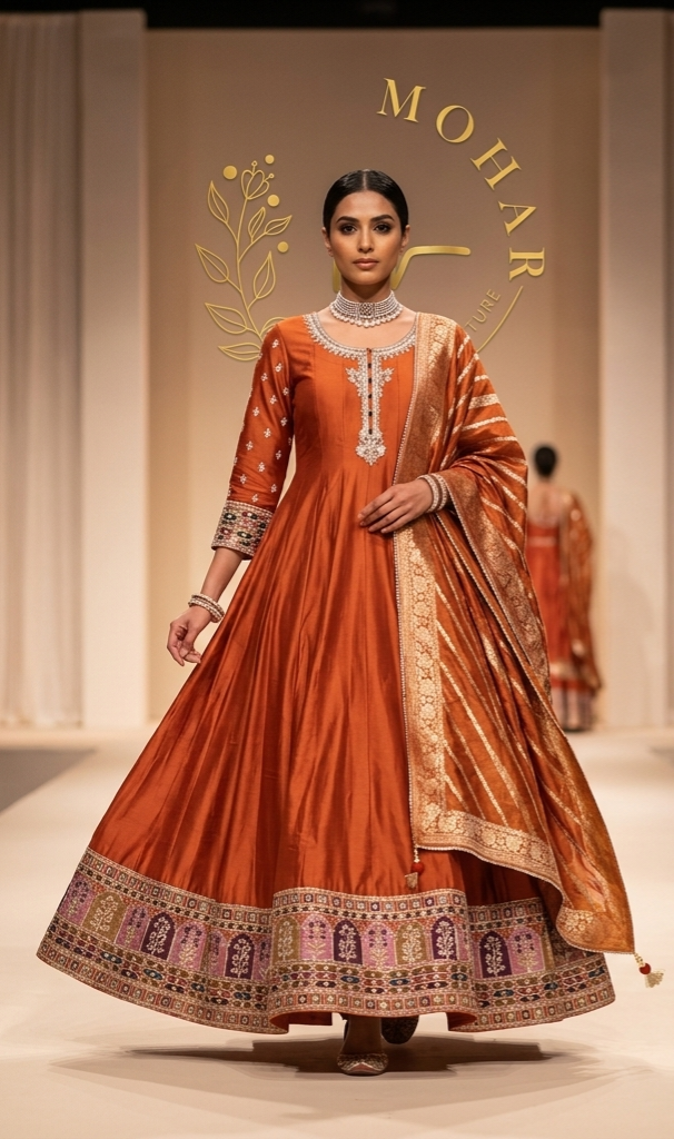 Embellished Orange Anarkali Set
