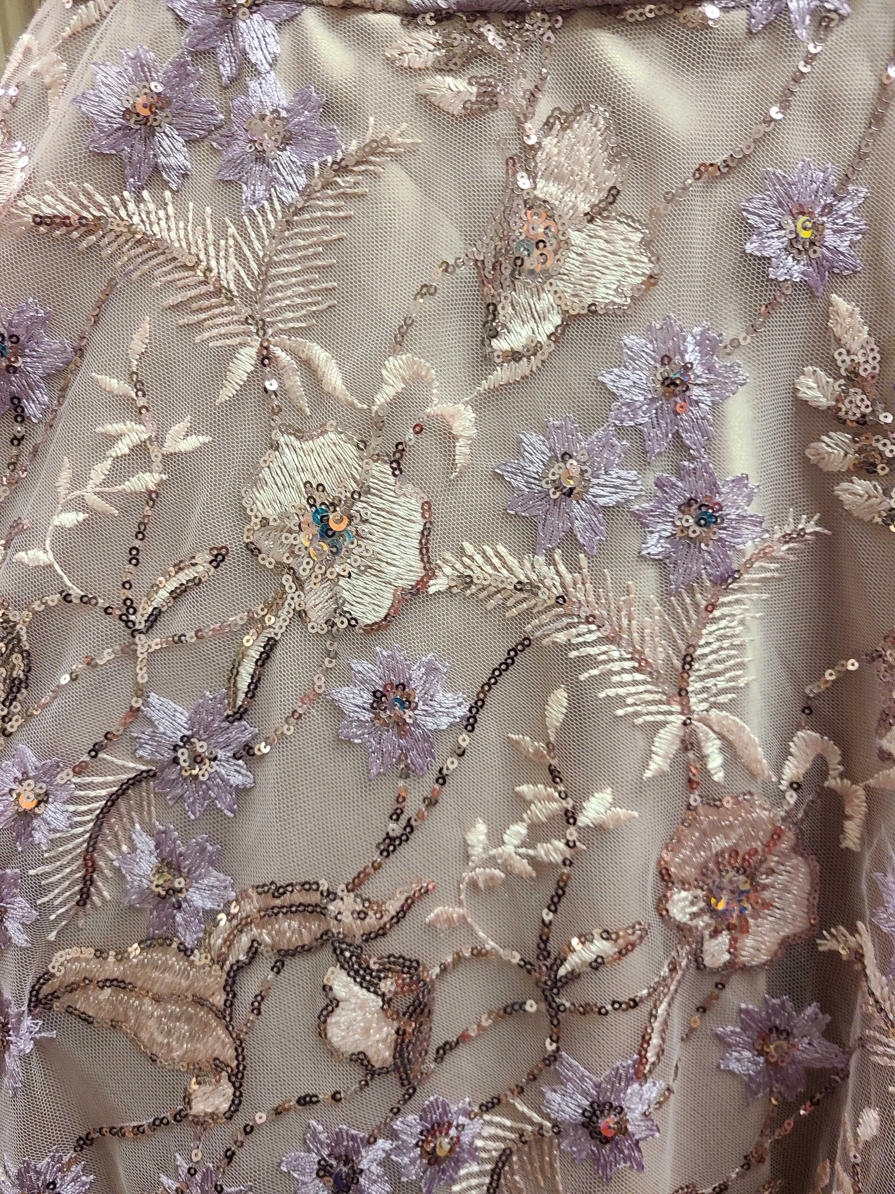 Lavender Embroidered Ball Gown with Floral Embellishments & Feather Details