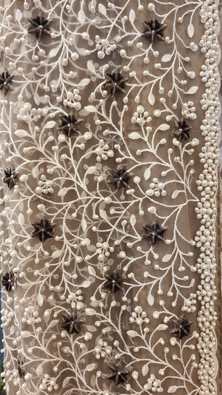 Champagne Silver Ombre Net Saree with Heavy Embroidery