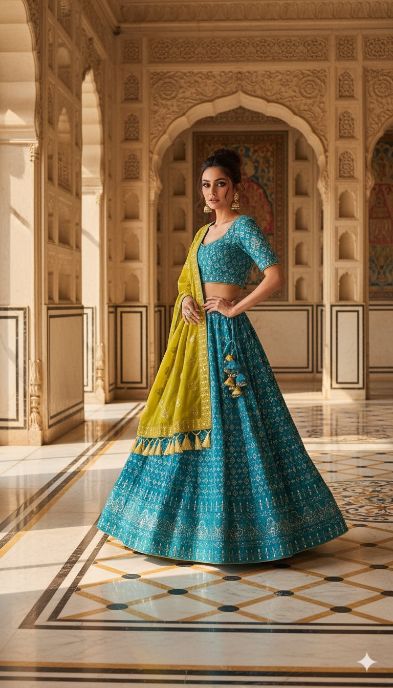 Teal Blue Lucknowi Chikankari Lehenga Set with Mustard Dupatta