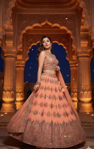 Peach Mirror Work Embroidered Lehenga Choli Set