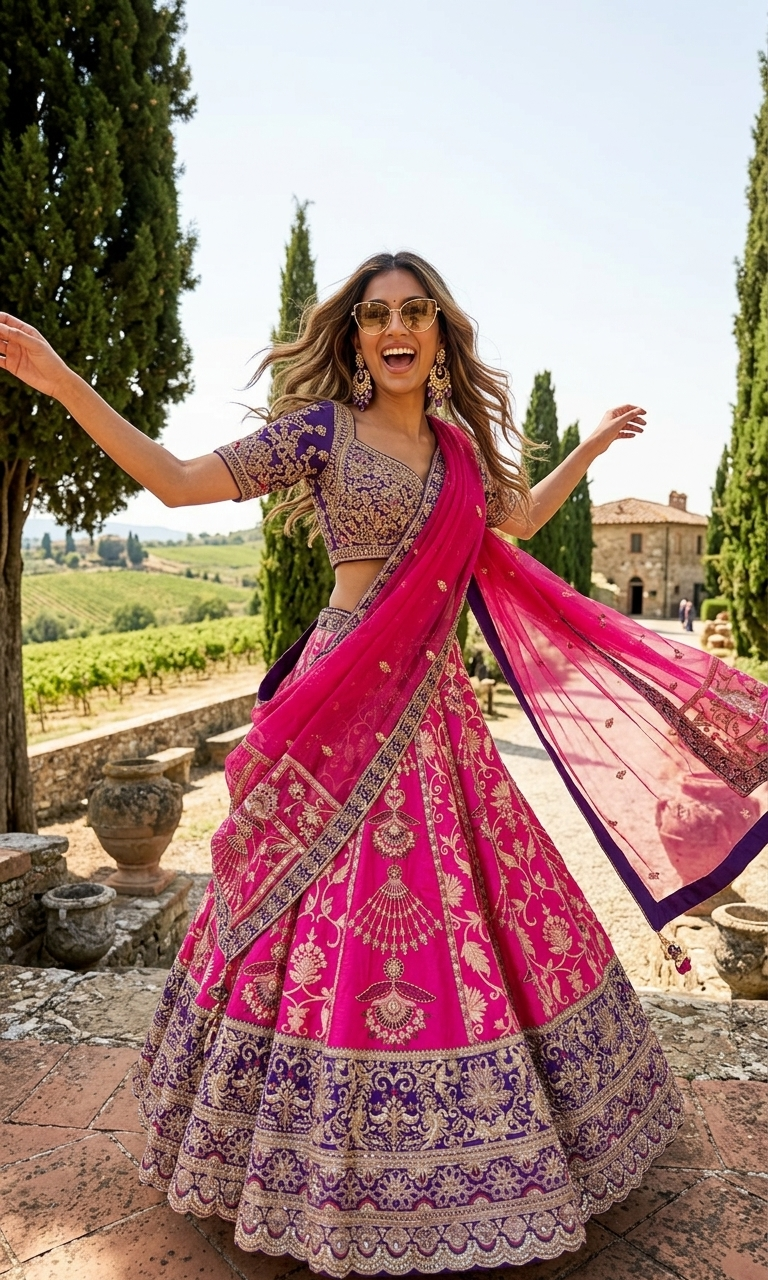 Hot Pink Embroidered Lehenga Set
