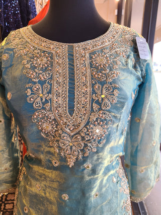 Turquoise Blue Embroidered Silk Sharara Suit Set